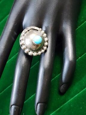 Vintage 1980s STERLING SILVER Dome Statement Ring Turquoise Cabochon Adjustable